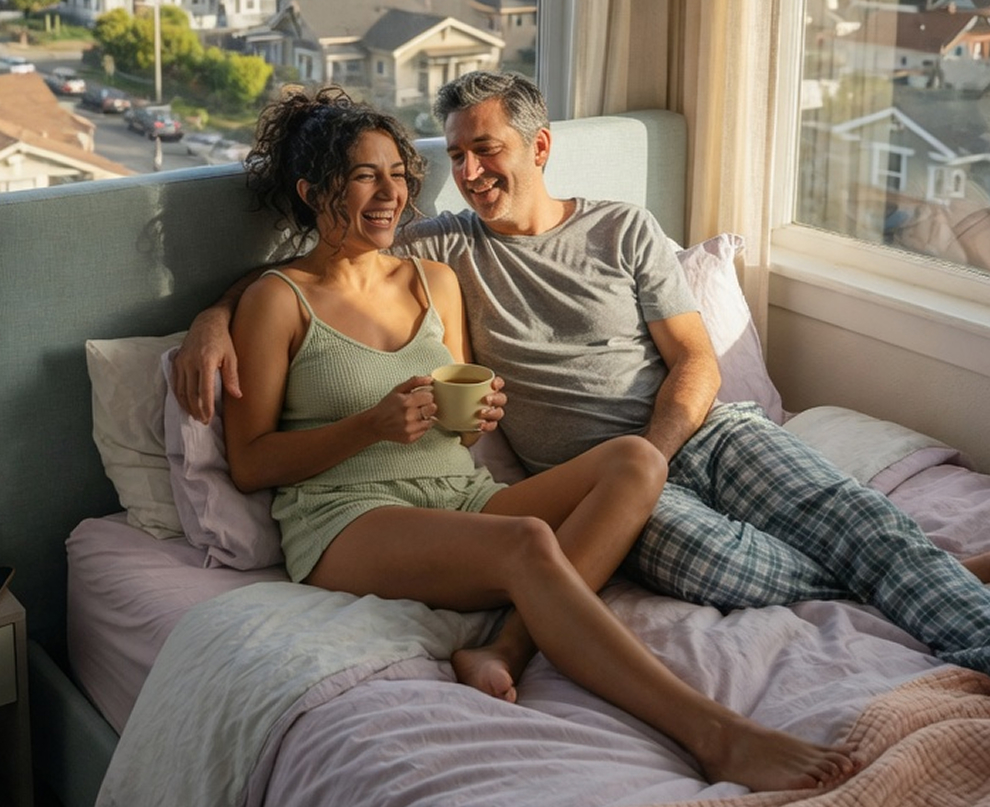 Couple relaxing on a mattress